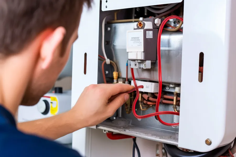 Close-up photo of an HVAC technician working on the wiring in a residential furnace.