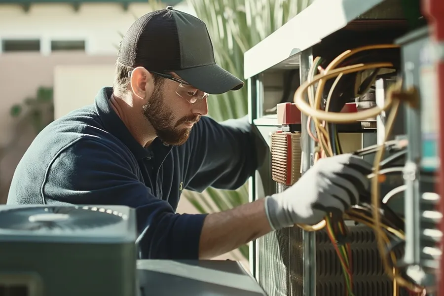 An HVAC technician repairing a central AC unit.