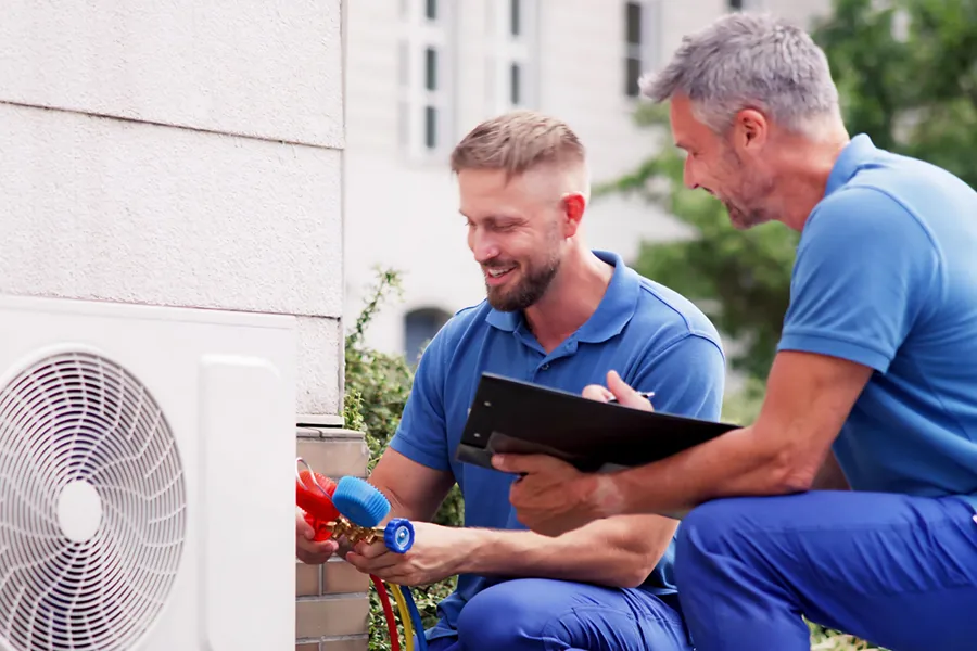 A pair of HVAC technicians repairing and AC unit.